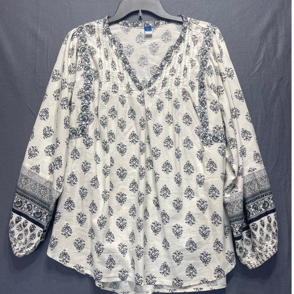 Old Navy peasant blouse Womens XL Bk/Wt floral print balloon sleeve Boho Cottage